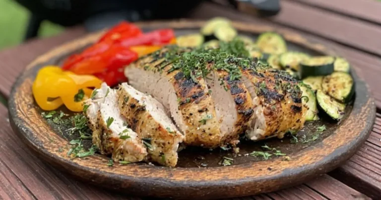 Juicy, golden-brown chicken breast served on a white plate with grilled vegetables and fresh herbs, showcasing a beautifully seared crust from the Blackstone griddle.
