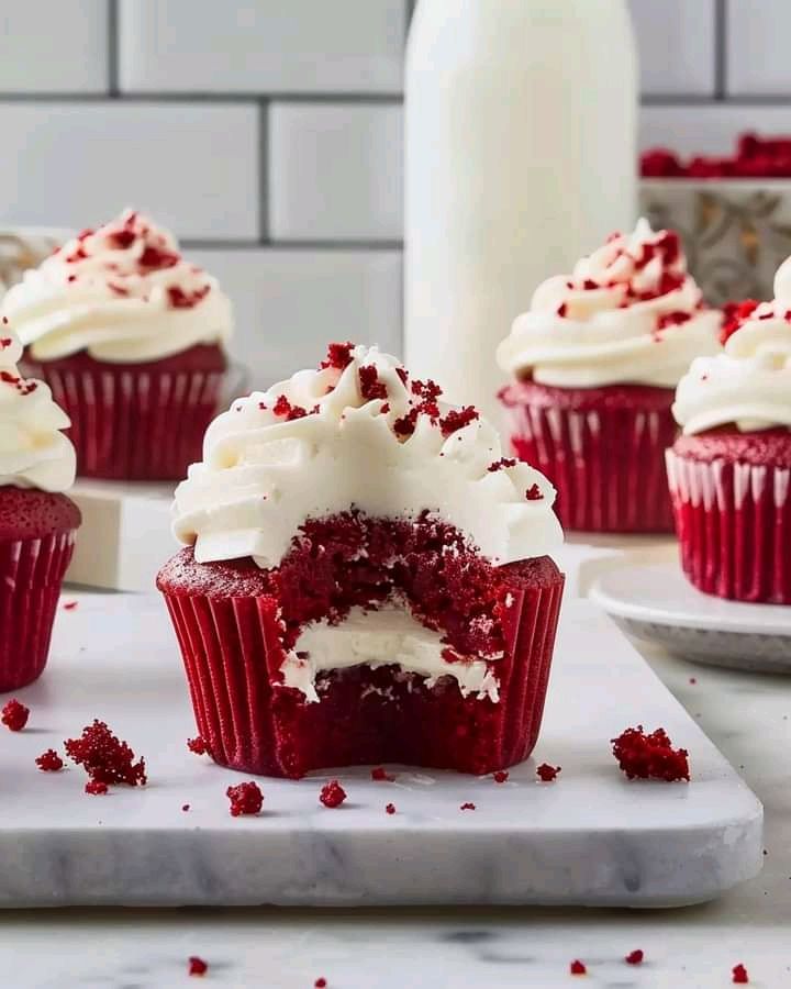 Moist red velvet cupcake with cream cheese frosting and a bite taken out, on marble slab with crumbs scattered.