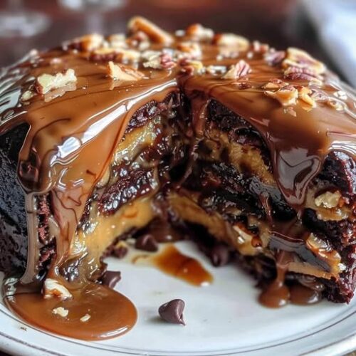 Slice of chocolate poke cake drizzled with caramel and topped with whipped cream