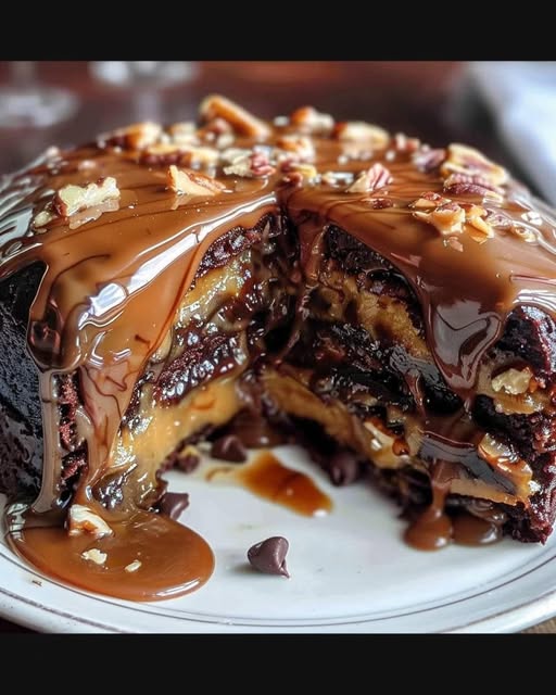 Slice of chocolate poke cake drizzled with caramel and topped with whipped cream