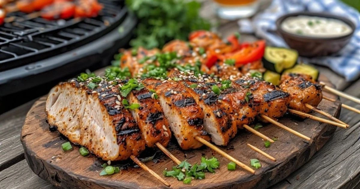 Close-up of grilled bang bang chicken skewers with sesame seeds and scallions