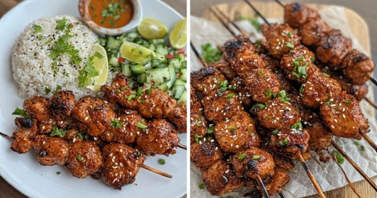 Bang bang chicken skewers served with coconut rice and cucumber salad