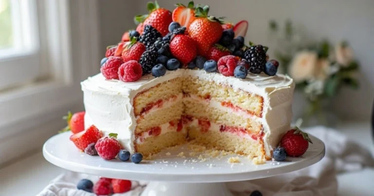 A slice of Chantilly cake with fruit on top including fresh berries, creamy frosting, and fluffy vanilla cake layers on a white cake stand.