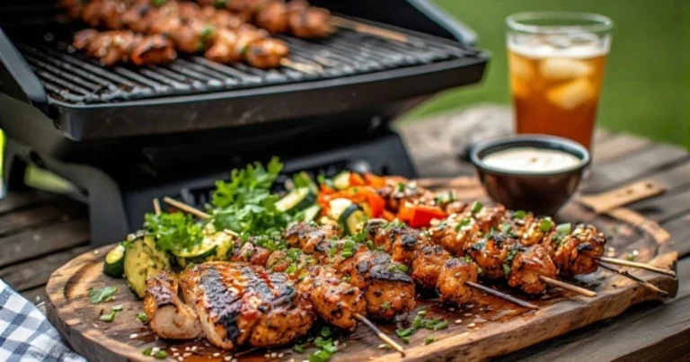 Grilled bang bang chicken skewers with spicy-sweet glaze and dipping sauce on a rustic board