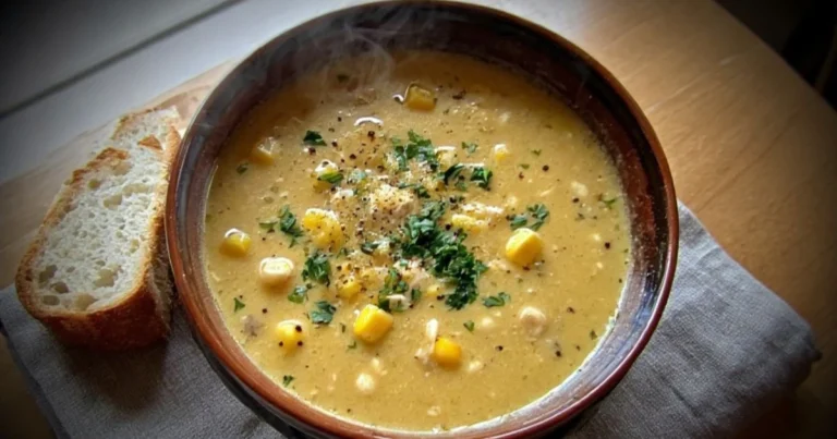 Bowl of creamy chicken corn chowder with steam rising, garnished with parsley and served alongside crusty bread on a rustic wooden table.