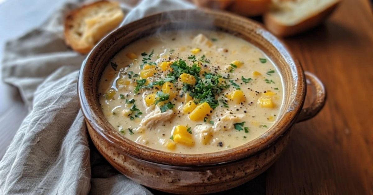 Bowl of creamy chicken corn chowder with steam rising, garnished with parsley and served alongside crusty bread on a rustic wooden table.