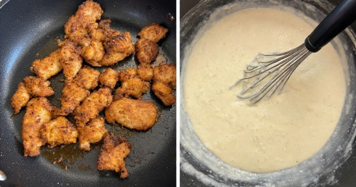 Step-by-step preparation of the chicken alfredo recipe, showing chicken cooking or sauce making.