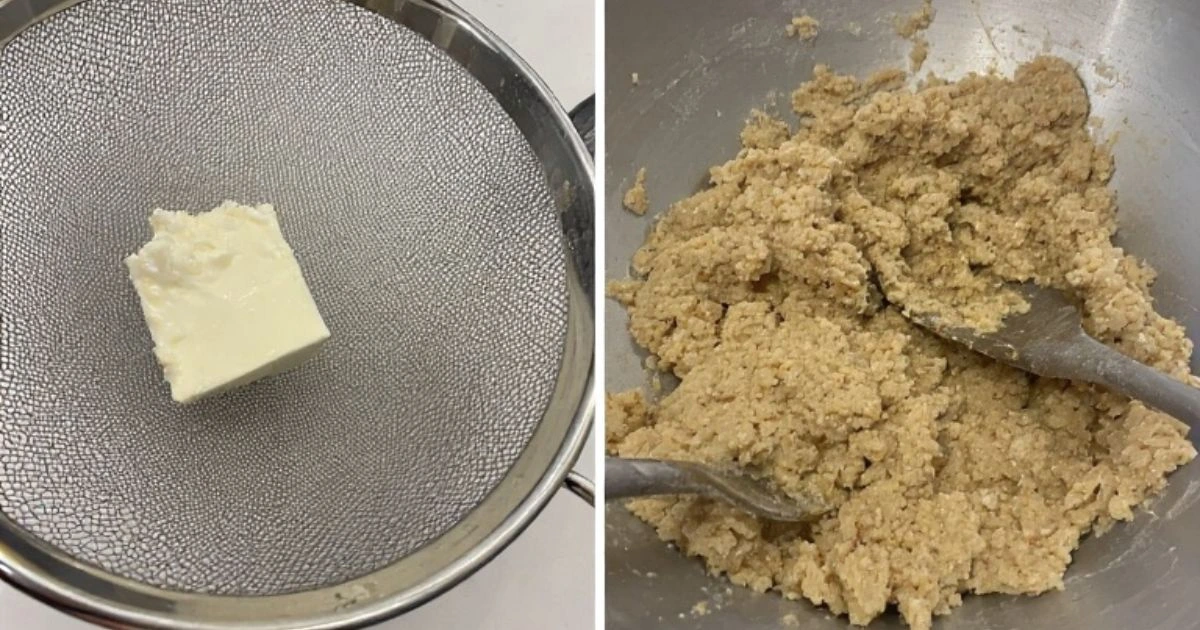 Step-by-step preparation of the cottage cheese cookies recipe, showing cottage cheese preparation or dough mixing.