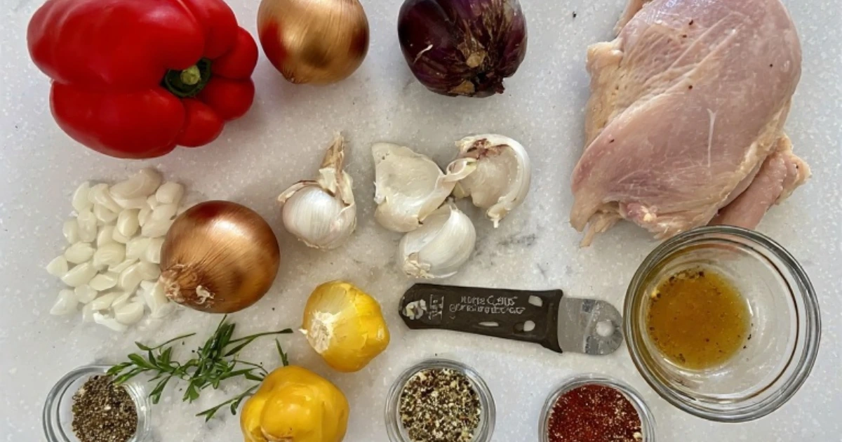 Essential ingredients for the perfect smothered chicken thighs recipe, including chicken and aromatics.