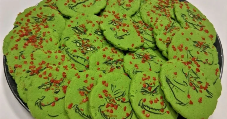 Delicious easy Grinch cookies recipe with vibrant green frosting and red heart sprinkles, perfect for Christmas.