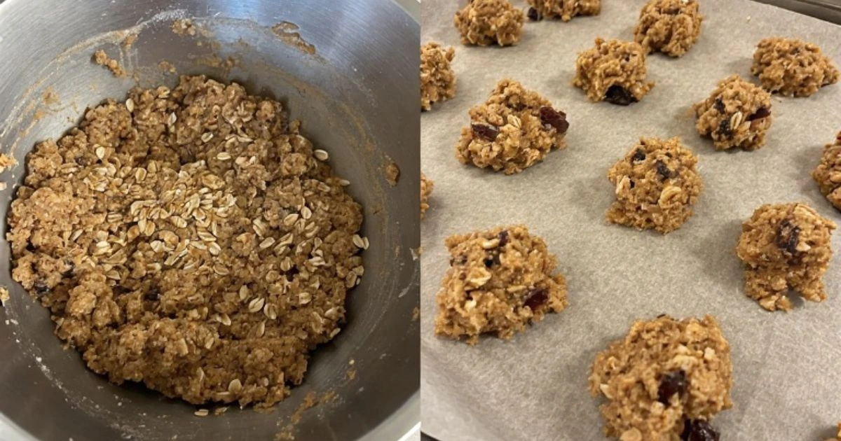 Step-by-step preparation of the oatmeal raisin cookies recipe, showing cookie dough.
