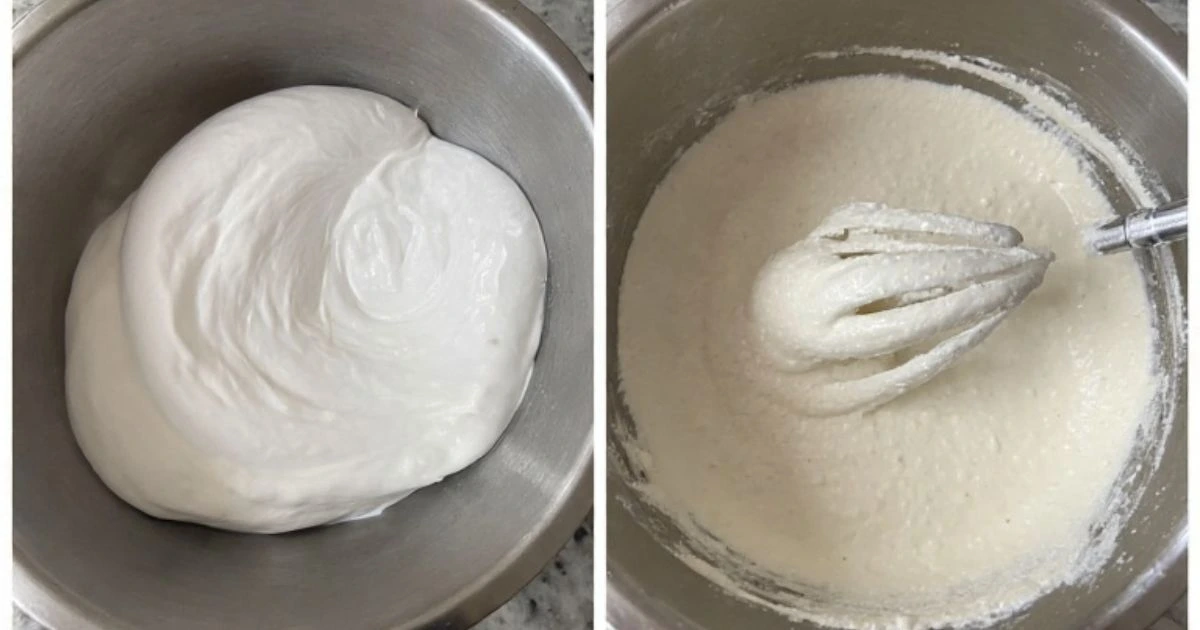Step-by-step preparation of the cloud cake recipe, showing whipped egg whites for airy texture.)
