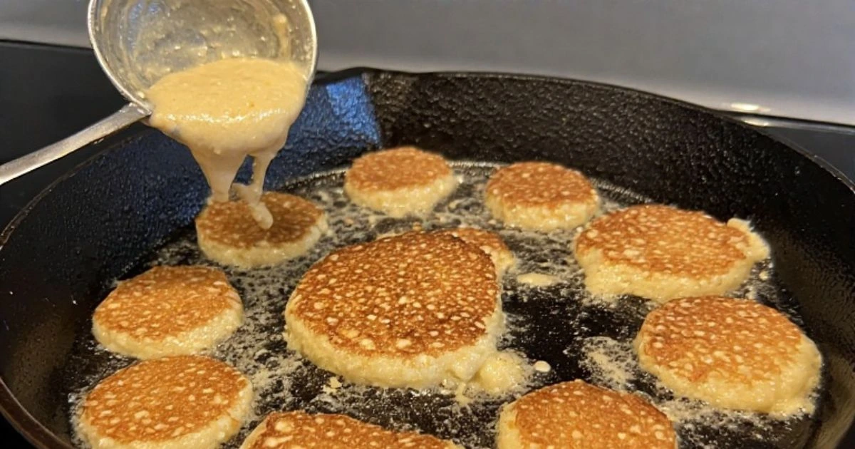 Preparing the hoe cake recipe by frying cornmeal batter in a hot cast iron skillet.