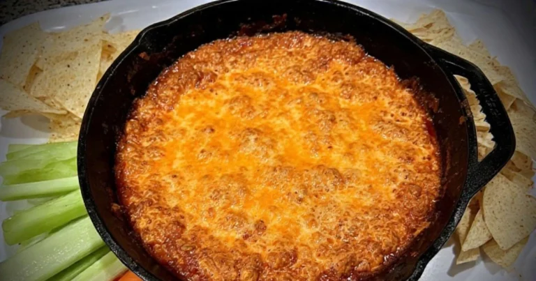 Delicious easy buffalo chicken dip with canned chicken, served warm with chips and vegetables.