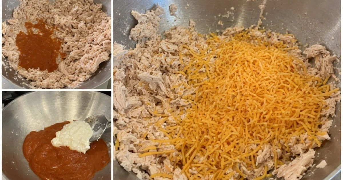 Mixing ingredients for the easy buffalo chicken dip canned chicken recipe before baking.