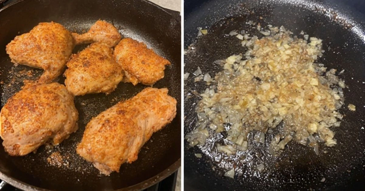 Preparing the smothered chicken thighs recipe by searing chicken or making the rich gravy.