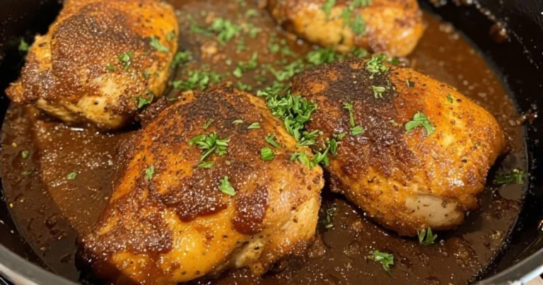 Delicious easy smothered chicken thighs recipe with rich homemade gravy, a Southern comfort food.