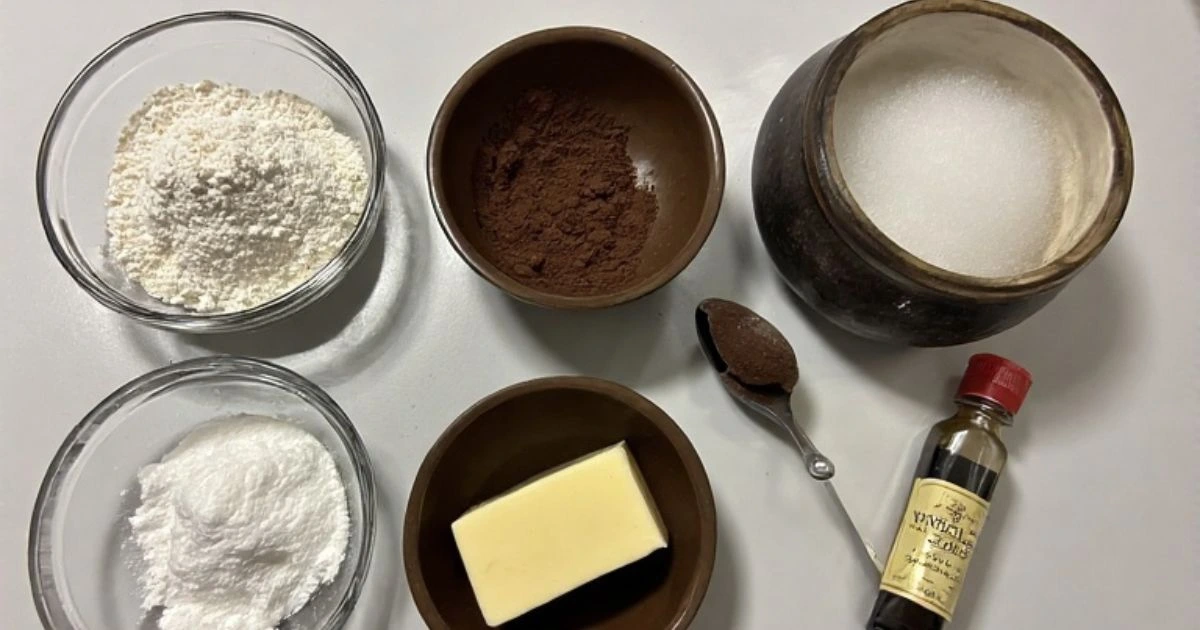 Essential ingredients for an easy chocolate cake recipe, including cocoa powder, flour, and butter.
