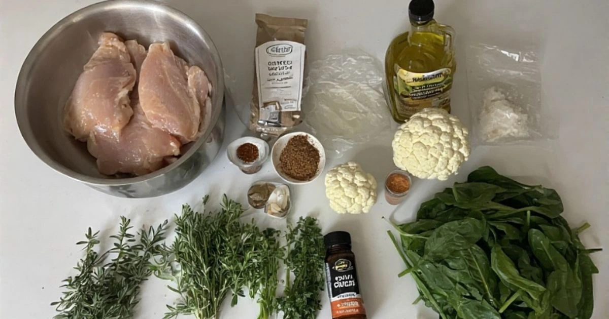 Essential ingredients for low carb chicken recipes, including chicken, healthy fats, and low-carb vegetables.